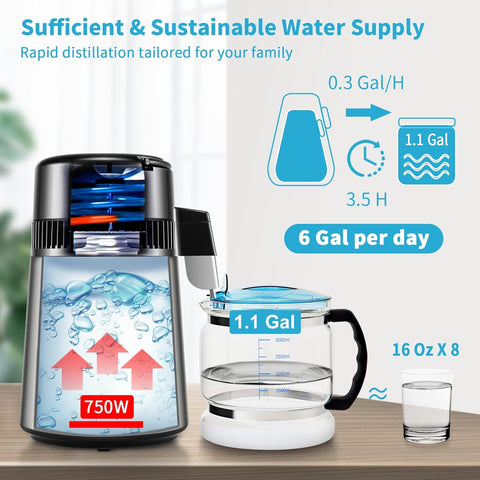VEVOR 1.1Gal Water Distiller with Glass Carafe – Main Product Image
VEVOR Stainless Steel Distilled Water Machine – Side View
Water Distiller with Timer and Temperature Display

750W Countertop Water Maker with Carbon Pack Accessories
Glass Carafe and Water Distiller – Home and Office Use
VEVOR Distiller Full Package – 1.1Gal Capacity