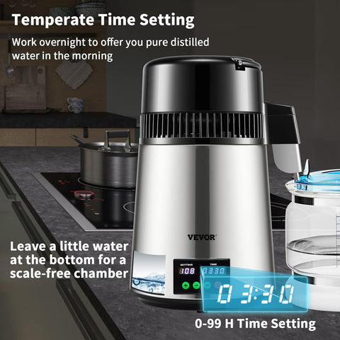 VEVOR 1.1Gal Water Distiller with Glass Carafe – Main Product Image
VEVOR Stainless Steel Distilled Water Machine – Side View
Water Distiller with Timer and Temperature Display

750W Countertop Water Maker with Carbon Pack Accessories
Glass Carafe and Water Distiller – Home and Office Use
VEVOR Distiller Full Package – 1.1Gal Capacity