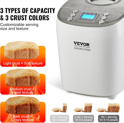 VEVOR Bread Maker, 15 - in - 1 3LB Dough Machine, Nonstick Ceramic Pan Automatic Breadmaker with Gluten Free Setting, Whole Wheat Bread Making, Digital, Programmable, 3 Loaf Sizes, 3 Crust Colors, White - with | Sold by Uncle Wiener's Wholesale