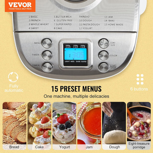 VEVOR Bread Maker, 15 - in - 1 3LB Dough Machine, Nonstick Ceramic Pan Automatic Breadmaker with Gluten Free Setting, Whole Wheat Bread Making, Digital, Programmable, 3 Loaf Sizes, 3 Crust Colors, White - with | Sold by Uncle Wiener's Wholesale