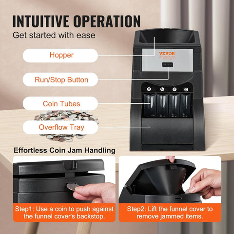 VEVOR Coin Sorter Organizer for USD Coins, Sorts 1¢, 5¢, 10¢, 25¢, 230 Coins/Min, Includes 4 Coin Wrapping Tubes, Capacity of 200 Coins, Black - with Black | Sold by Uncle Wiener's Wholesale