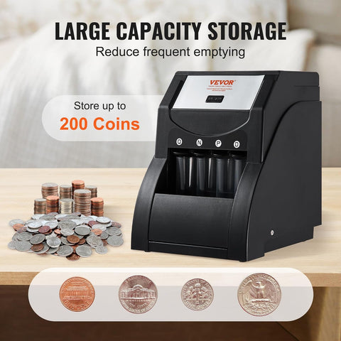 VEVOR Coin Sorter Organizer for USD Coins, Sorts 1¢, 5¢, 10¢, 25¢, 230 Coins/Min, Includes 4 Coin Wrapping Tubes, Capacity of 200 Coins, Black - with Black | Sold by Uncle Wiener's Wholesale