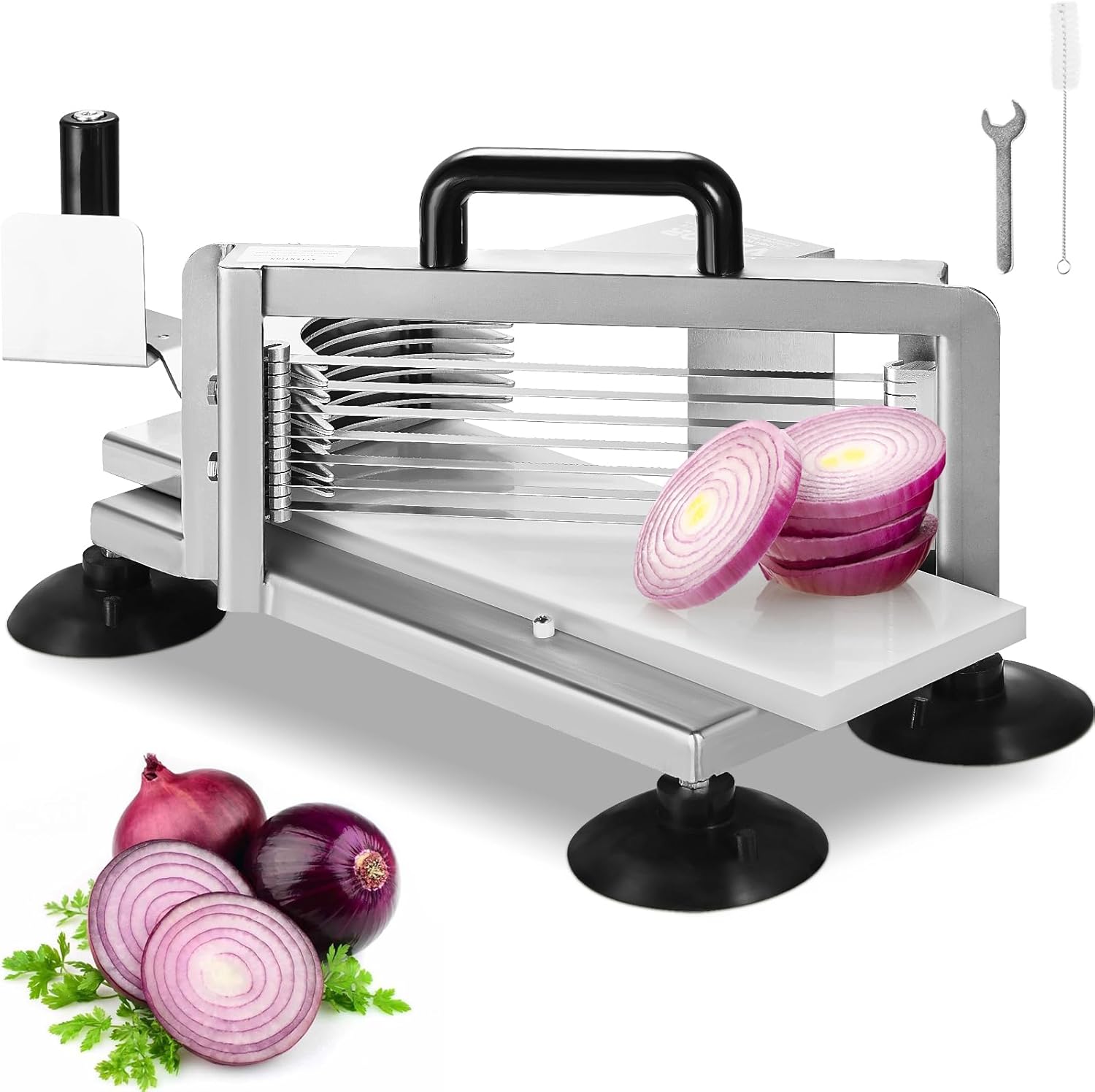 VEVOR 3/16 inch tomato slicer stainless steel heavy duty commercial kitchen cutter
Manual tomato cutter machine with ergonomic handle and anti-slip feet
Stainless vegetable slicer for tomatoes, cucumbers, peppers, and fruit
Durable 420J1 steel blade slicer with detachable design for easy cleaning