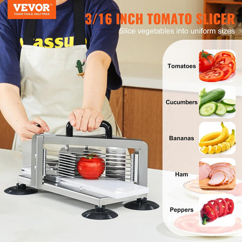 VEVOR 3/16 inch tomato slicer stainless steel heavy duty commercial kitchen cutter
Manual tomato cutter machine with ergonomic handle and anti-slip feet
Stainless vegetable slicer for tomatoes, cucumbers, peppers, and fruit
Durable 420J1 steel blade slicer with detachable design for easy cleaning