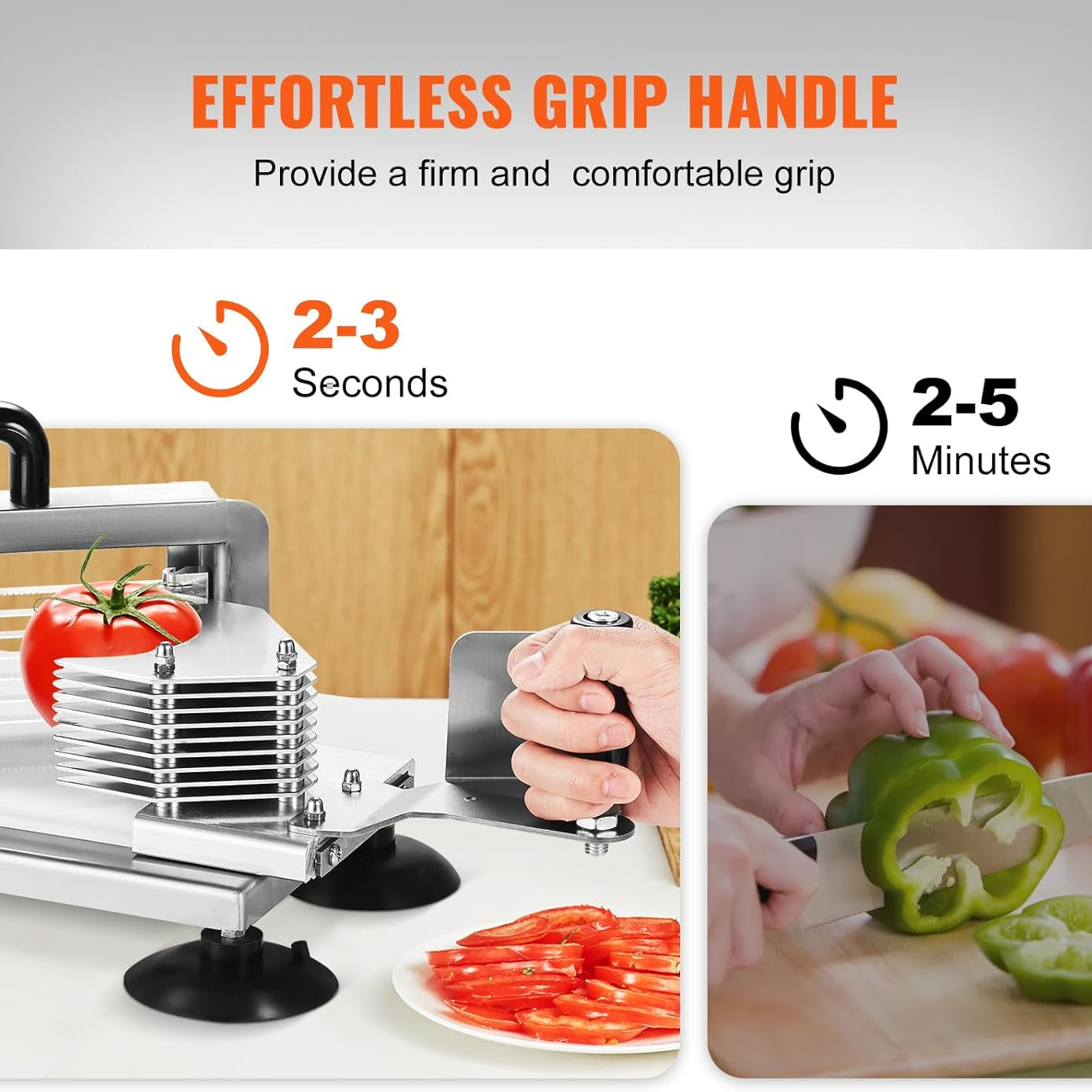 VEVOR 3/16 inch tomato slicer stainless steel heavy duty commercial kitchen cutter
Manual tomato cutter machine with ergonomic handle and anti-slip feet
Stainless vegetable slicer for tomatoes, cucumbers, peppers, and fruit
Durable 420J1 steel blade slicer with detachable design for easy cleaning