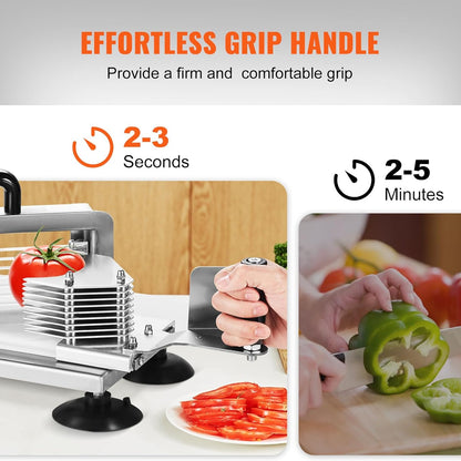 VEVOR 3/16 inch tomato slicer stainless steel heavy duty commercial kitchen cutter
Manual tomato cutter machine with ergonomic handle and anti-slip feet
Stainless vegetable slicer for tomatoes, cucumbers, peppers, and fruit
Durable 420J1 steel blade slicer with detachable design for easy cleaning