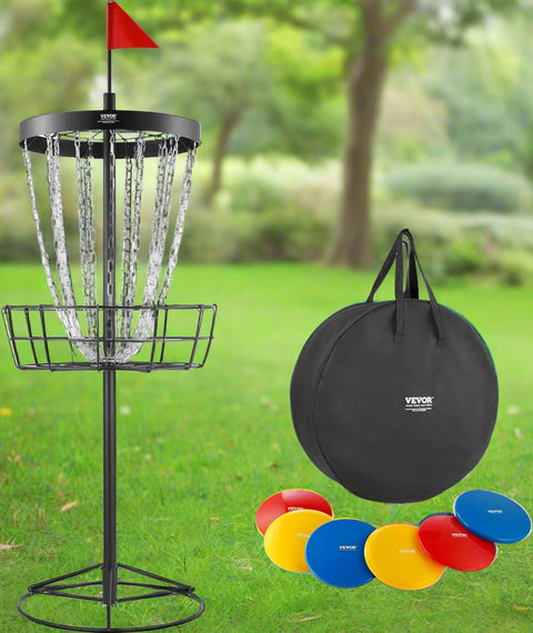 VEVOR disc golf basket with 24 chains and mini flag
Disc golf basket set up on green lawn outdoors
Portable disc golf basket with carry bag and accessories
Disc golf set including discs and installation tools
Folded basket and components in packaging view