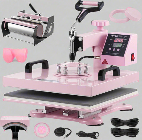 VEVOR 5 in 1 pink heat press machine with 30oz tumbler attachment
Heat transfer machine for t-shirts, mugs, hats, and plates
15 x 15 inch swing-away heat press by VEVOR
Digital heat press with pull-out drawer for safety