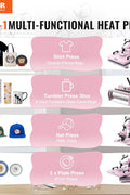 VEVOR 5 in 1 pink heat press machine with 30oz tumbler attachment
Heat transfer machine for t-shirts, mugs, hats, and plates
15 x 15 inch swing-away heat press by VEVOR
Digital heat press with pull-out drawer for safety