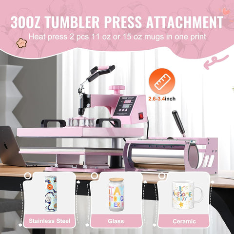VEVOR 5 in 1 pink heat press machine with 30oz tumbler attachment
Heat transfer machine for t-shirts, mugs, hats, and plates
15 x 15 inch swing-away heat press by VEVOR
Digital heat press with pull-out drawer for safety
