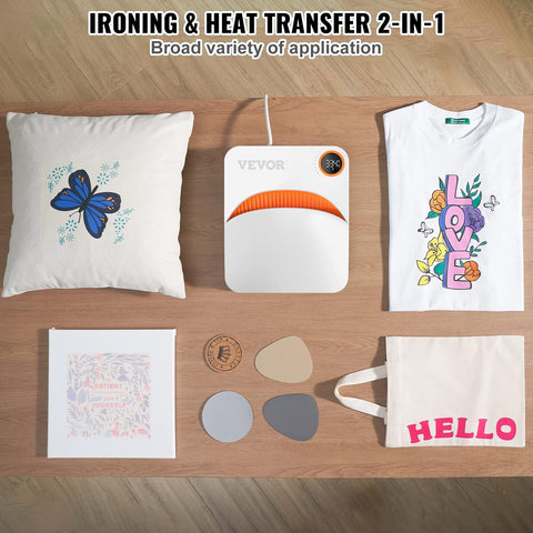 VEVOR 10x12 inch heat press machine front angle
Portable heat press with digital LED display
T-shirt sublimation heat transfer with VEVOR press
Safety features on a compact press for DIY use
Complete heat press machine for vinyl and fabric printing