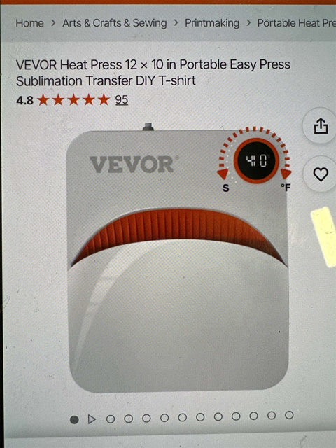VEVOR 10x12 inch heat press machine front angle
Portable heat press with digital LED display
T-shirt sublimation heat transfer with VEVOR press
Safety features on a compact press for DIY use
Complete heat press machine for vinyl and fabric printing