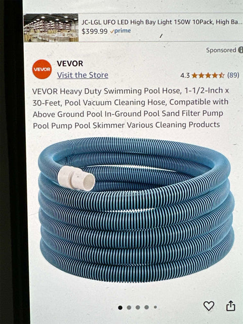 VEVOR 30-foot heavy-duty pool vacuum hose rolled
Threaded end of pool hose for filter or skimmer connection
Flexible blue pool hose for vacuum and draining
1.5 inch inner diameter VEVOR pool hose EVA PE
Durable pool cleaning hose with tangle-free design