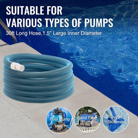 VEVOR 30-foot heavy-duty pool vacuum hose rolled
Threaded end of pool hose for filter or skimmer connection
Flexible blue pool hose for vacuum and draining
1.5 inch inner diameter VEVOR pool hose EVA PE
Durable pool cleaning hose with tangle-free design