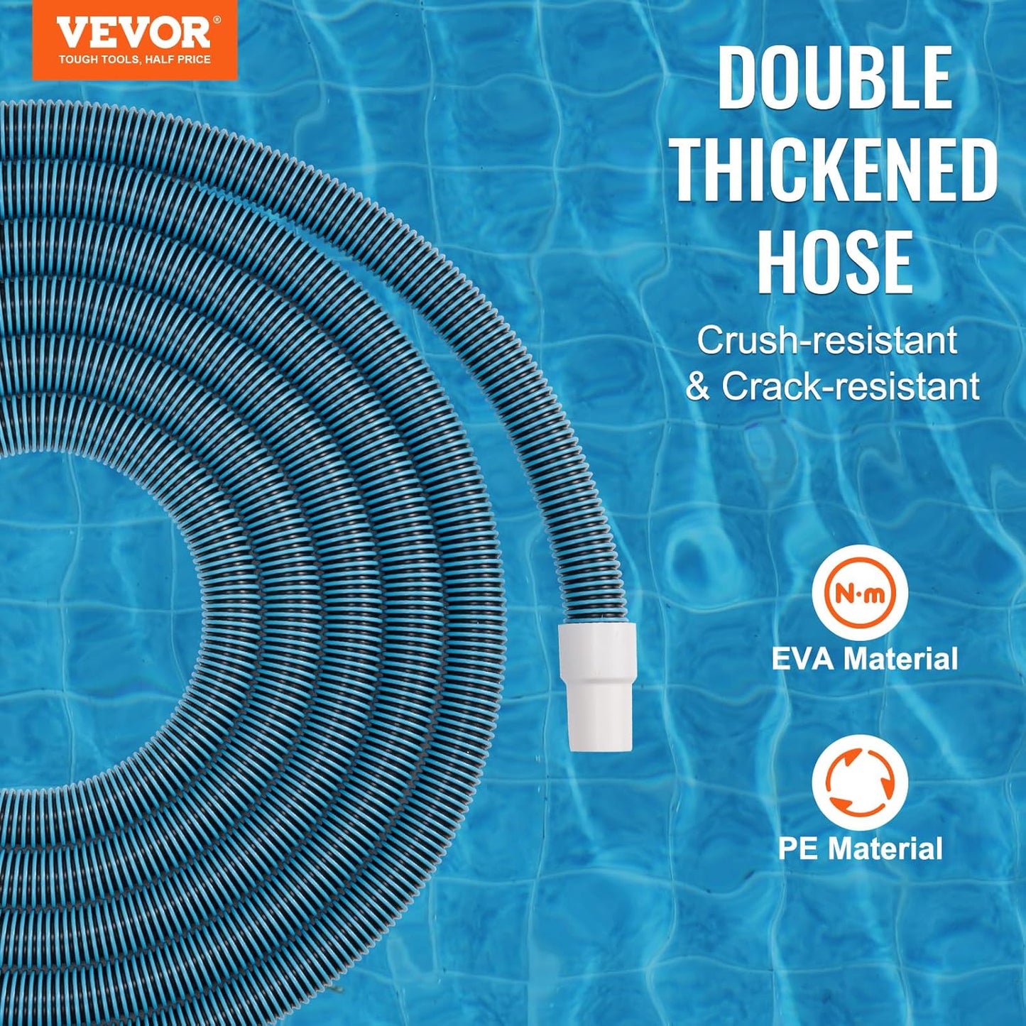 VEVOR 30-foot heavy-duty pool vacuum hose rolled
Threaded end of pool hose for filter or skimmer connection
Flexible blue pool hose for vacuum and draining
1.5 inch inner diameter VEVOR pool hose EVA PE
Durable pool cleaning hose with tangle-free design