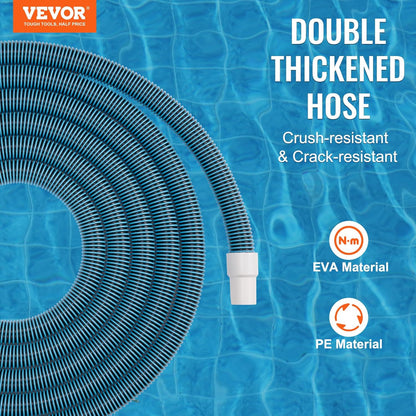 VEVOR 30-foot heavy-duty pool vacuum hose rolled
Threaded end of pool hose for filter or skimmer connection
Flexible blue pool hose for vacuum and draining
1.5 inch inner diameter VEVOR pool hose EVA PE
Durable pool cleaning hose with tangle-free design