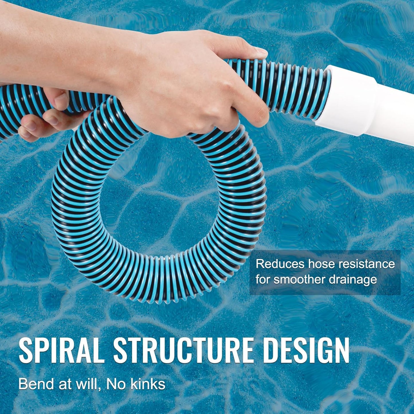 VEVOR 30-foot heavy-duty pool vacuum hose rolled
Threaded end of pool hose for filter or skimmer connection
Flexible blue pool hose for vacuum and draining
1.5 inch inner diameter VEVOR pool hose EVA PE
Durable pool cleaning hose with tangle-free design