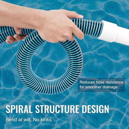 VEVOR 30-foot heavy-duty pool vacuum hose rolled
Threaded end of pool hose for filter or skimmer connection
Flexible blue pool hose for vacuum and draining
1.5 inch inner diameter VEVOR pool hose EVA PE
Durable pool cleaning hose with tangle-free design