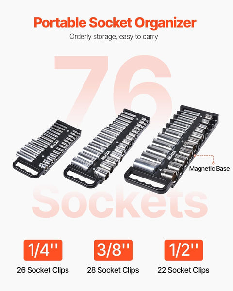 VEVOR Portable Socket Organizer Tray, 3 - Piece Metric & SAE Socket Organizer Set, 1/4'', 3/8'' and 1/2'' Heavy - Duty Socket Holder with Handle & Magnetic Base for Tool Box Drawer, Hold up to 76 Sockets - with | Sold by Uncle Wiener's Wholesale