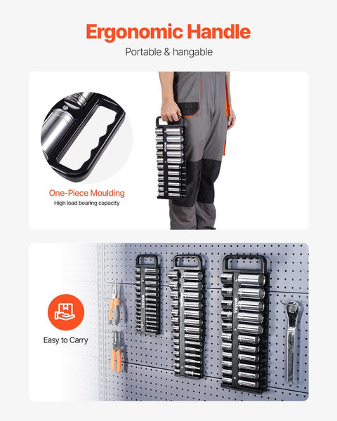VEVOR Portable Socket Organizer Tray, 3 - Piece Metric & SAE Socket Organizer Set, 1/4'', 3/8'' and 1/2'' Heavy - Duty Socket Holder with Handle & Magnetic Base for Tool Box Drawer, Hold up to 76 Sockets - with | Sold by Uncle Wiener's Wholesale