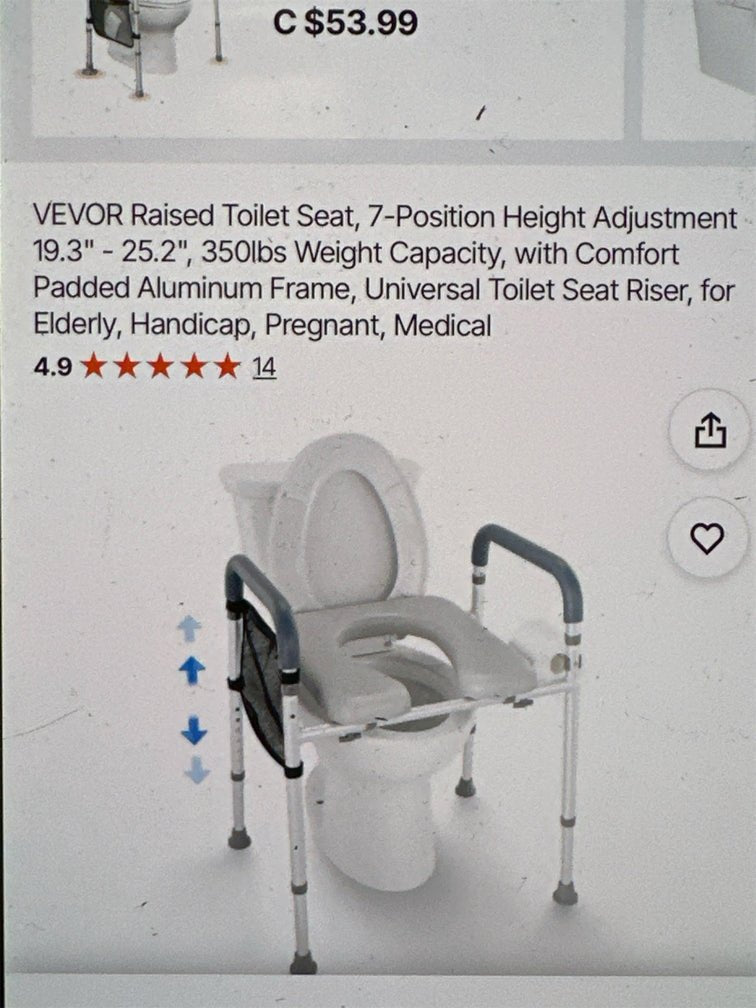 VEVOR raised toilet seat with aluminum frame and cushion
7-position adjustable toilet seat for seniors
Padded toilet riser with side storage bag
Height adjustable toilet aid for mobility support
VEVOR raised seat fits round and elongated toilets