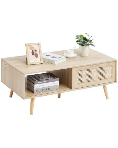 VEVOR Rattan Coffee Table, Mid Century Modern Table, Rectangle Wood Table, 42 Inch Modern Boho Style Two Layers Storage Coffee Table, for Living Room, Bedroom & Small Spaces - with Original Wood Color | Sold by Uncle Wiener's Wholesale