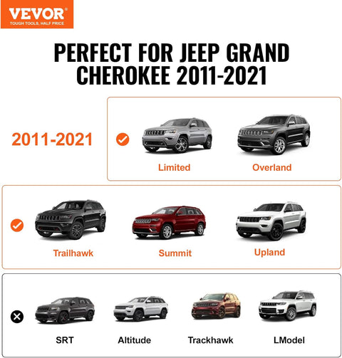 VEVOR roof rack crossbars for Jeep Grand Cherokee 2011 to 2021 with grooved rails
Black aluminum cross bars for rooftop cargo, kayak, luggage transport
Easy-install Jeep Grand Cherokee roof rack bars with locking system
Side view of mounted aerodynamic roof rack for Cherokee models