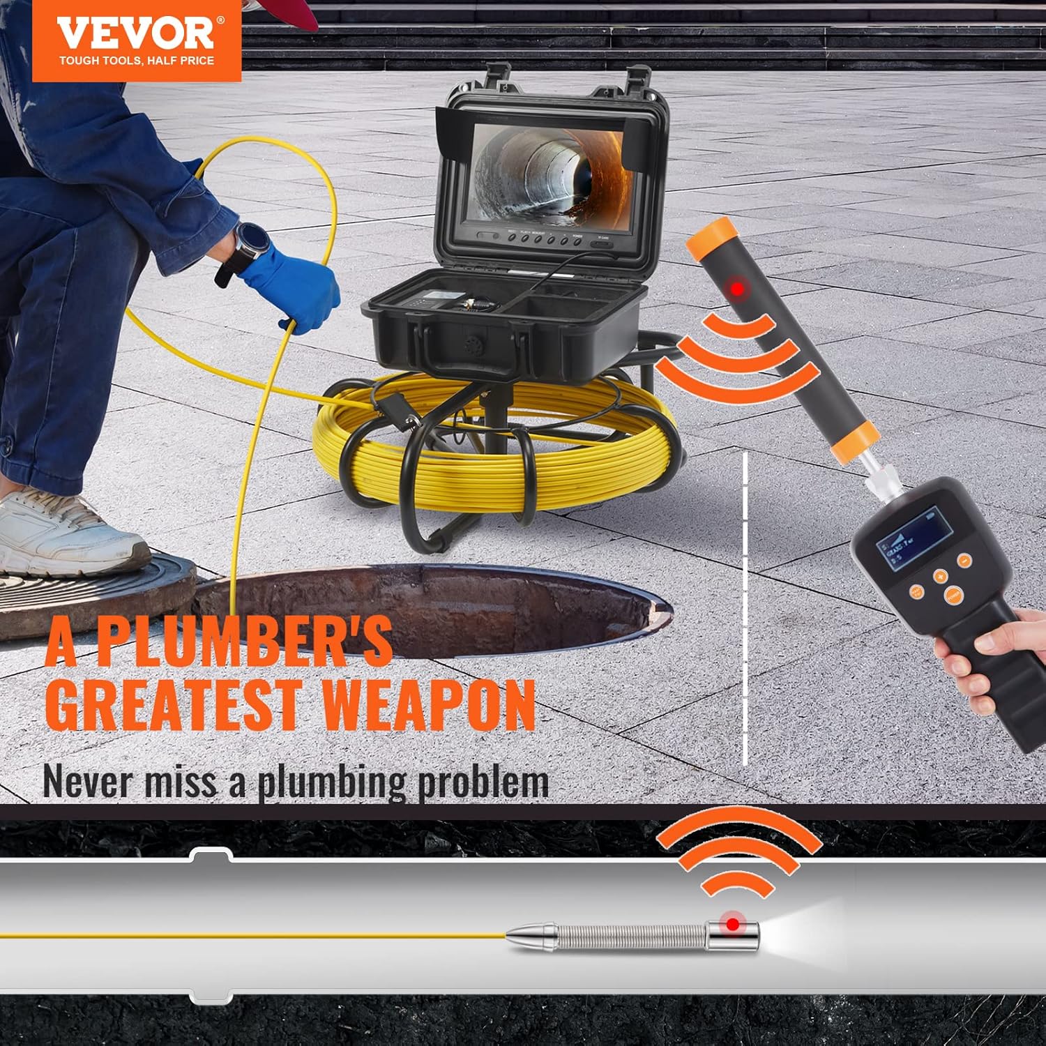 VEVOR Sewer Camera with 512Hz Locator, 164 ft/50 m, 9" Pipeline Inspection Camera w/DVR Function, IP68 Cameras w/12 Adjustable LEDs, 16 GB SD Card for Sewer Line, Home, Duct Drain Pipe Plumbing - with | Sold by Uncle Wiener's Wholesale