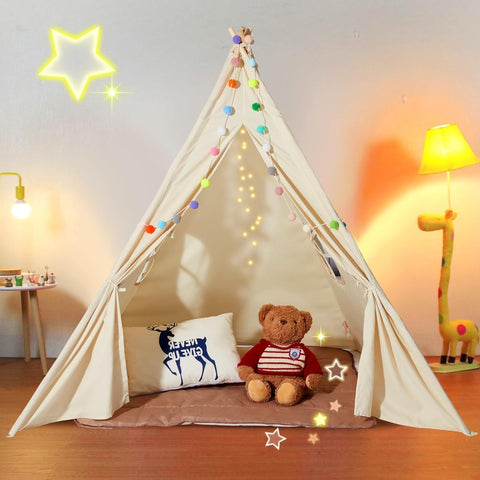 VEVOR Kids Teepee Tent with plush decorative balls and mat, indoor playroom setup for toddlers