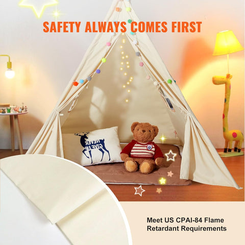 VEVOR Kids Teepee Tent with plush decorative balls and mat, indoor playroom setup for toddlers
