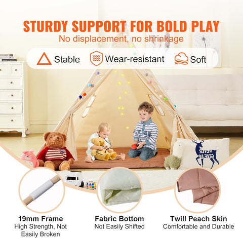 VEVOR Kids Teepee Tent with plush decorative balls and mat, indoor playroom setup for toddlers