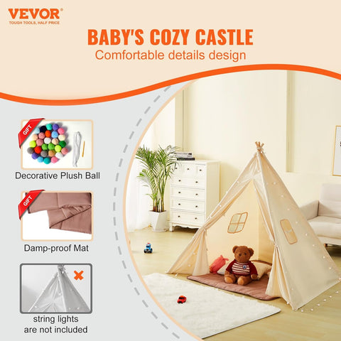 VEVOR Kids Teepee Tent with plush decorative balls and mat, indoor playroom setup for toddlers