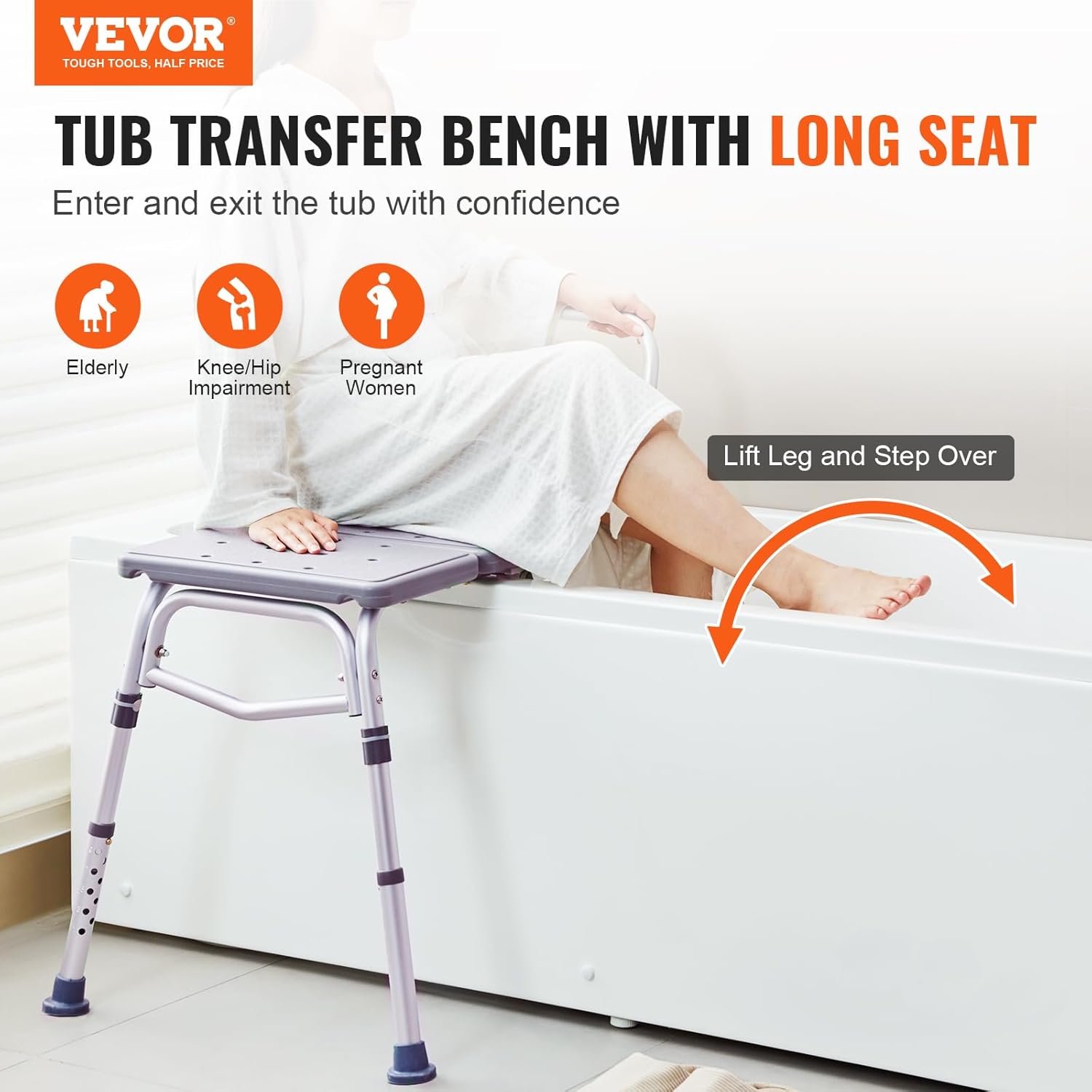 VEVOR adjustable transfer bench with armrest for bathtub
Lightweight shower seat with suction feet and backrest
Non-slip bath chair for elderly or disabled use
Height-adjustable bathtub transfer bench for seniors
Tool-free assembly shower bench with wide seat
