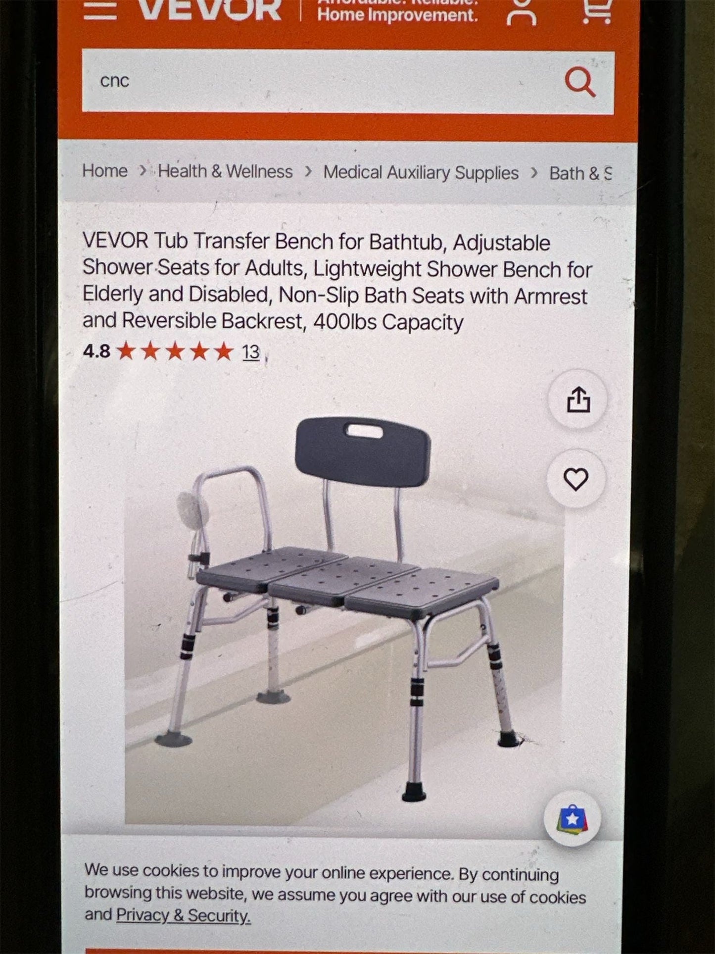 VEVOR adjustable transfer bench with armrest for bathtub
Lightweight shower seat with suction feet and backrest
Non-slip bath chair for elderly or disabled use
Height-adjustable bathtub transfer bench for seniors
Tool-free assembly shower bench with wide seat