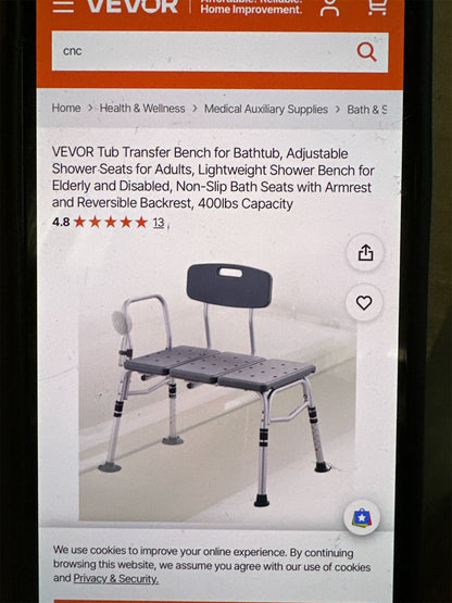 VEVOR adjustable transfer bench with armrest for bathtub
Lightweight shower seat with suction feet and backrest
Non-slip bath chair for elderly or disabled use
Height-adjustable bathtub transfer bench for seniors
Tool-free assembly shower bench with wide seat