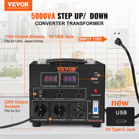 VEVOR 5000W voltage converter front view with LED display
Step up/down power transformer with 6 AC outlets
Rear view showing cooling fan and switch
Voltage converter transformer with USB and Type-C ports
Heavy-duty power adapter for 110V/220V electronics