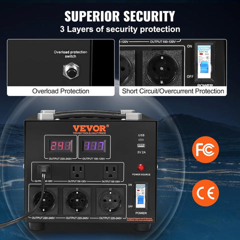 VEVOR 5000W voltage converter front view with LED display
Step up/down power transformer with 6 AC outlets
Rear view showing cooling fan and switch
Voltage converter transformer with USB and Type-C ports
Heavy-duty power adapter for 110V/220V electronics