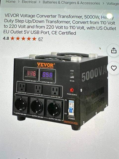 VEVOR 5000W voltage converter front view with LED display
Step up/down power transformer with 6 AC outlets
Rear view showing cooling fan and switch
Voltage converter transformer with USB and Type-C ports
Heavy-duty power adapter for 110V/220V electronics