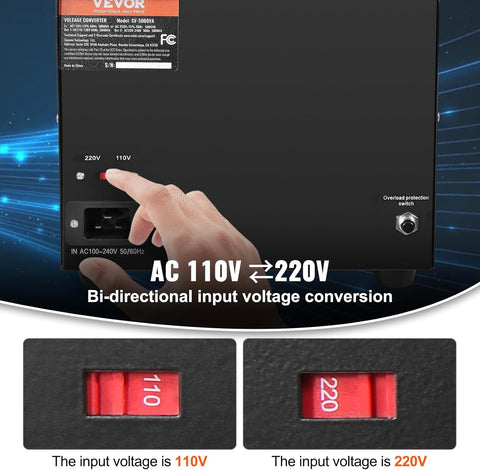 VEVOR 5000W voltage converter front view with LED display
Step up/down power transformer with 6 AC outlets
Rear view showing cooling fan and switch
Voltage converter transformer with USB and Type-C ports
Heavy-duty power adapter for 110V/220V electronics