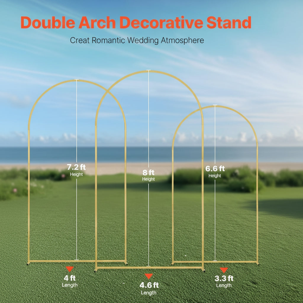VEVOR gold wedding arch backdrop stand set of 3 sizes with crossbar base and carry case – perfect for weddings and events