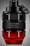 Spicebomb Infrared grenade bottle – front view

Viktor&Rolf red fragrance bottle and box packaging

Infrared Spicebomb men's cologne with bold red accent

Spicy designer fragrance for men – Spicebomb Infrared