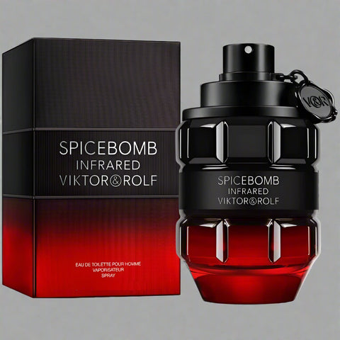 Spicebomb Infrared grenade bottle – front view

Viktor&Rolf red fragrance bottle and box packaging

Infrared Spicebomb men's cologne with bold red accent

Spicy designer fragrance for men – Spicebomb Infrared