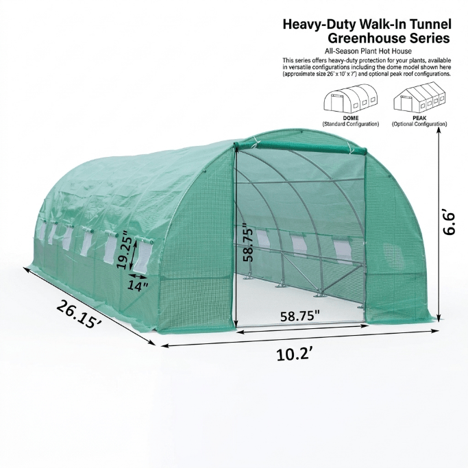 Walk - In Tunnel Greenhouse – All - Season Plant Hot House with Dome & Peak Roof Options - General Equipment with 26' x 10' x 7' Dome | Sold by Uncle Wiener's Wholesale