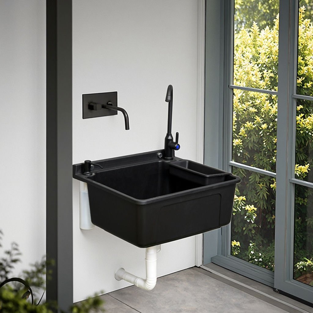 Wall - Mounted Utility Sink with Faucet – Compact Laundry & Garden Wash Basin WMS445BK - with | Sold by Uncle Wiener's Wholesale