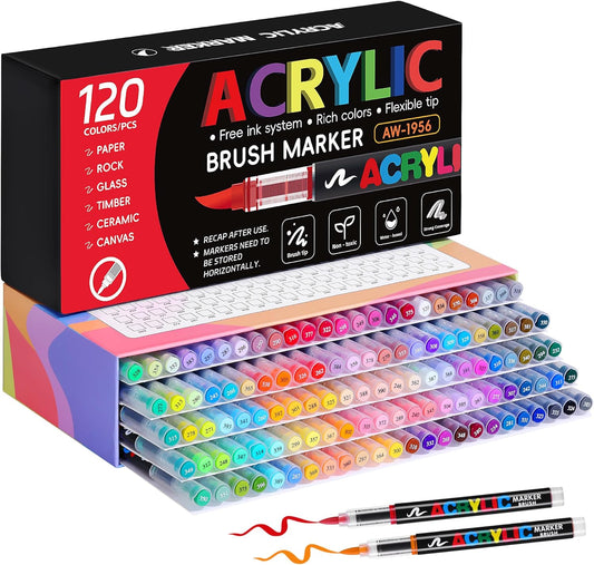 Water-Based Acrylic Paint Markers Brush Tip No Bleed Art Set – 120 or 168 Colors - with 120 Colors | Sold by Uncle Wiener's Wholesale
