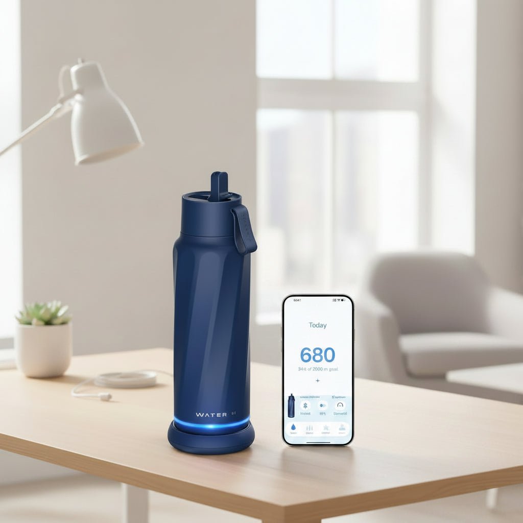 WATERH Vita Smart Water Bottle – Insulated Stainless Steel Hydration Tracker with Drink Reminder, 18 oz - General Equipment with Navy Blue | Sold by Uncle Wiener's Wholesale