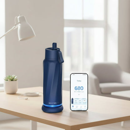 WATERH Vita Smart Water Bottle – Insulated Stainless Steel Hydration Tracker with Drink Reminder, 18 oz - General Equipment with Navy Blue | Sold by Uncle Wiener's Wholesale
