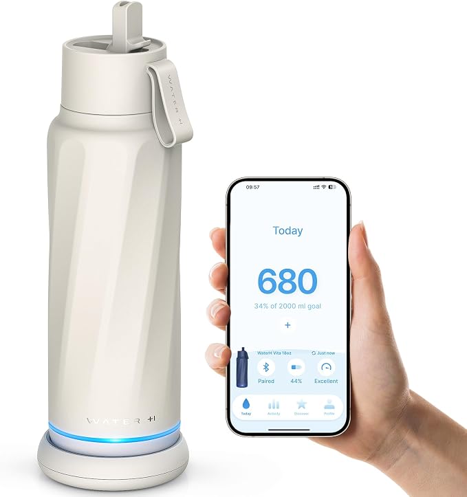 WATERH Vita Smart Water Bottle – Insulated Stainless Steel Hydration Tracker with Drink Reminder, 18 oz - Electronics with Ivory White | Sold by Uncle Wiener's Wholesale