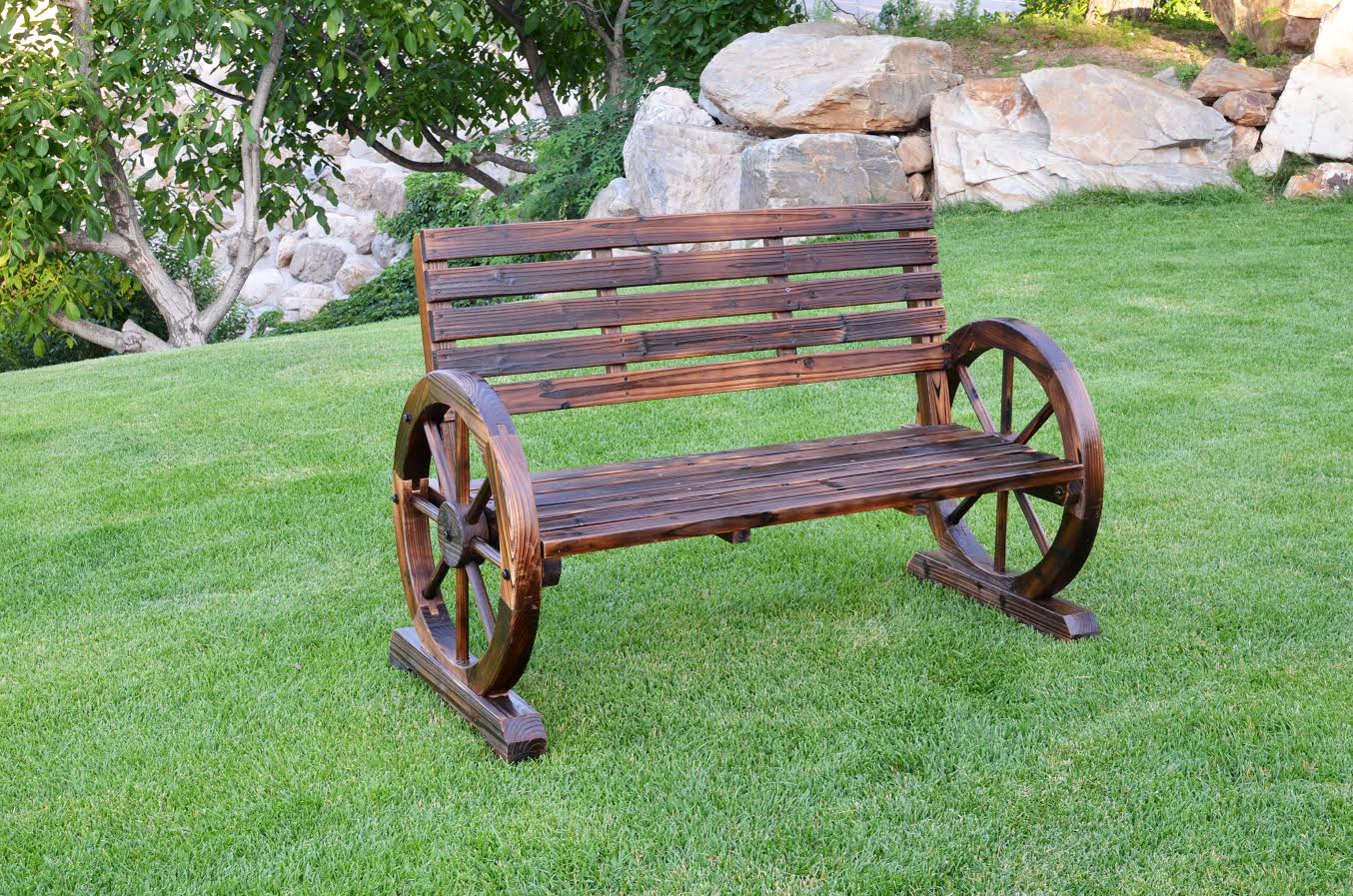WGB61 NEW PATIO GARDEN WOODEN WAGON WHEEL BENCH - with | Sold by Uncle Wiener's Wholesale