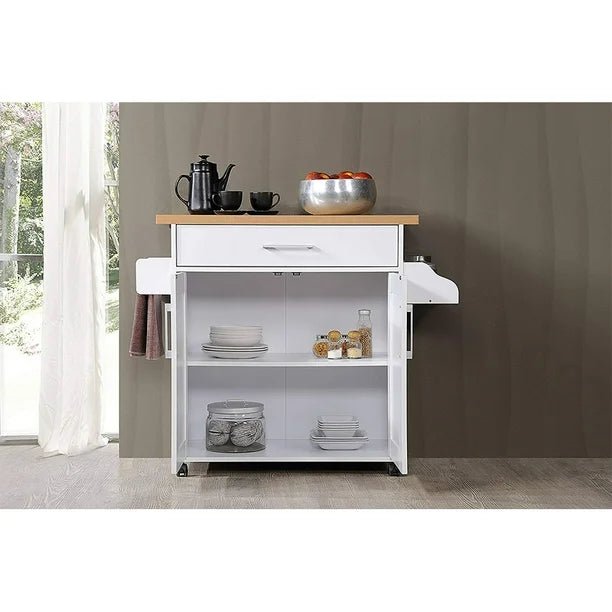 Wheeled White Kitchen Island Cart with Storage, Drawer & Spice Rack – SKU JWKT20042303 - with | Sold by Uncle Wiener's Wholesale